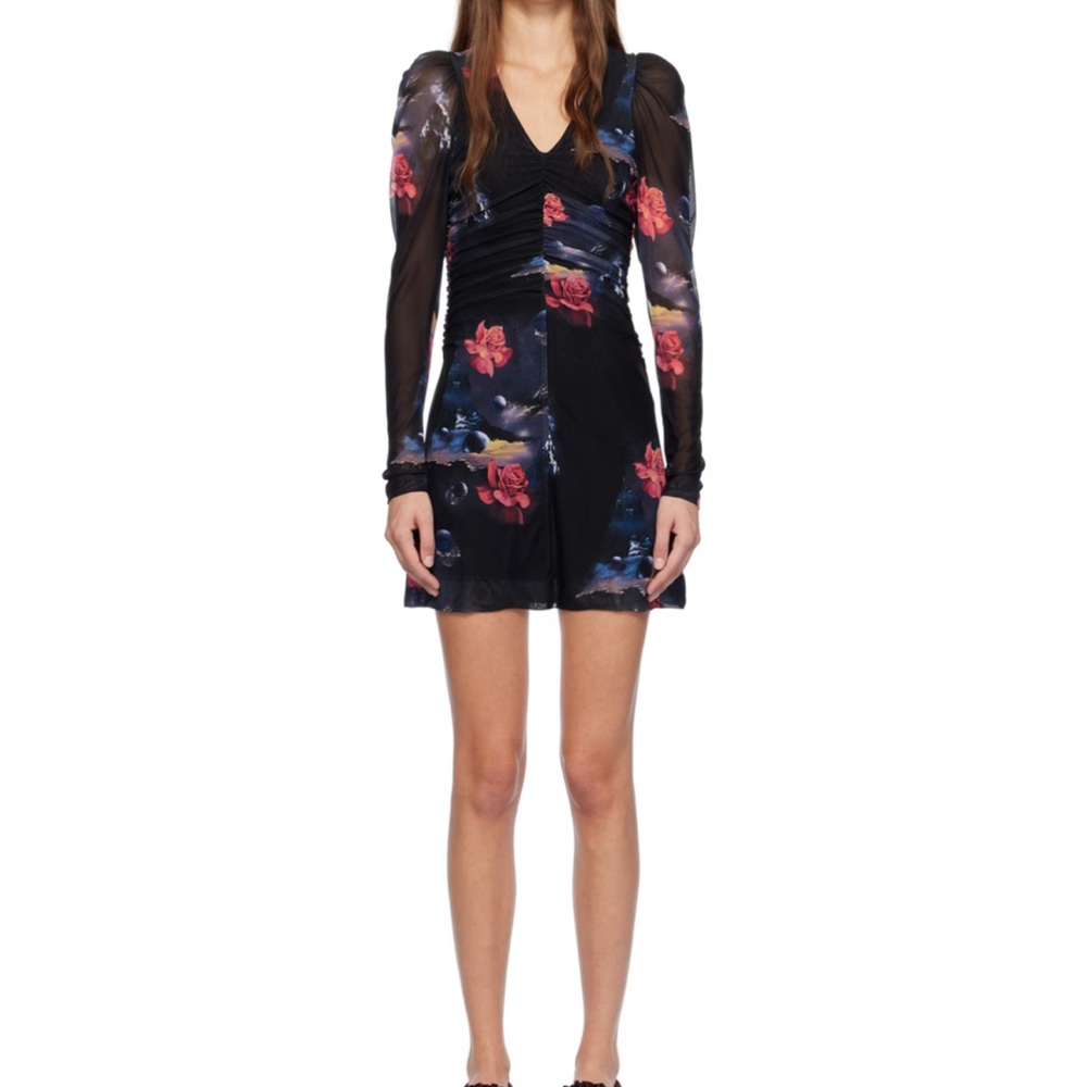 Ganni Floral‑Print Stretch‑Mesh Mini Dress US 4 / EU 36 – Black/Red, Fitted